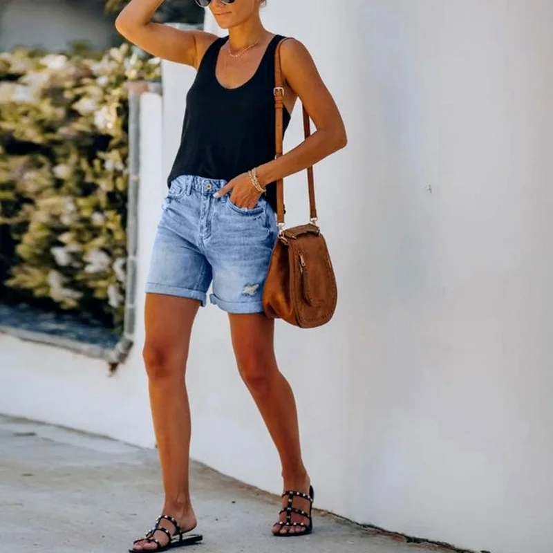 Women Clothing Casual Loose Elastic High Waist Wide Leg Straight Short Jeans Streetwear 2023 Summer Plus Size Denim Shorts