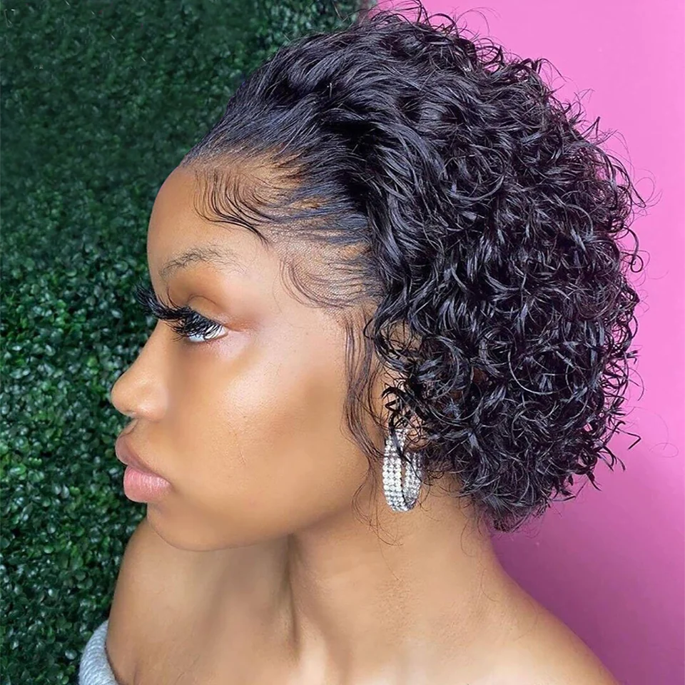 Short Bob Pixie Cut Wig Curly Human Hair Wigs Brazilian Human Hair Cheap 13X1 Transparent Lace Wig Water Deep Wave