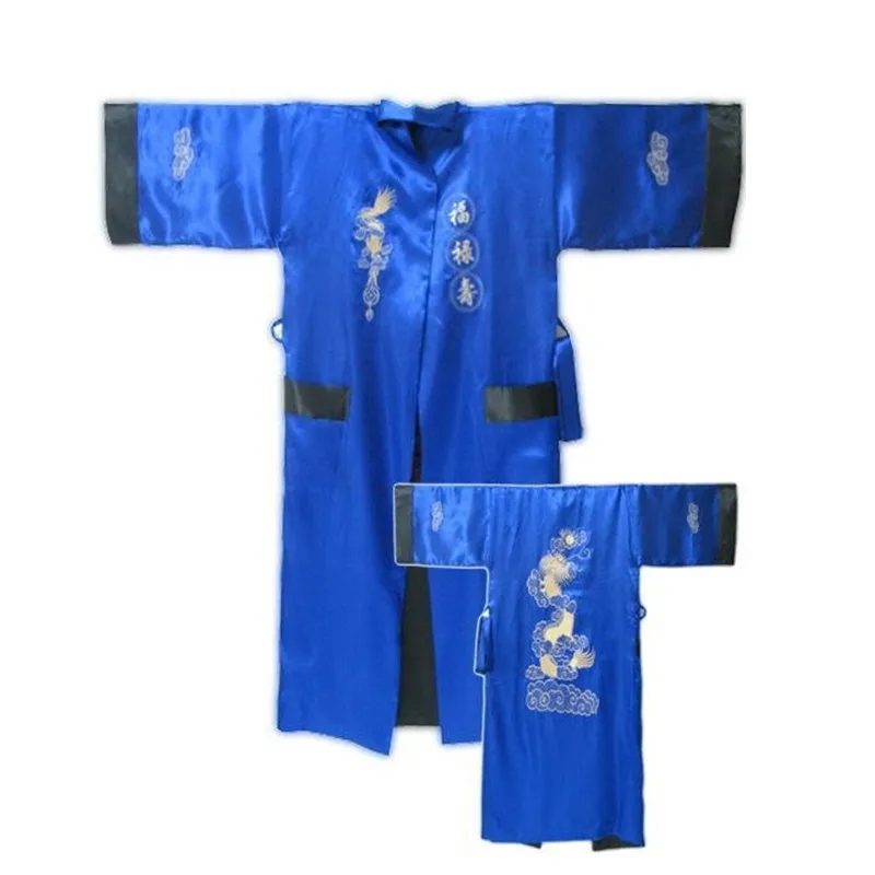 Burgundy Black Reversible Chinese Men's Satin Silk Two-face Robe Embroidery Kimono Bath Gown Dragon One Size S3003