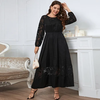 New Sexy Lace Long Sleeve Luxury Clothes For Women O-neck Black Plus Size Evening Dress Viscose Party Autumn Maxi Vintage Dress 1