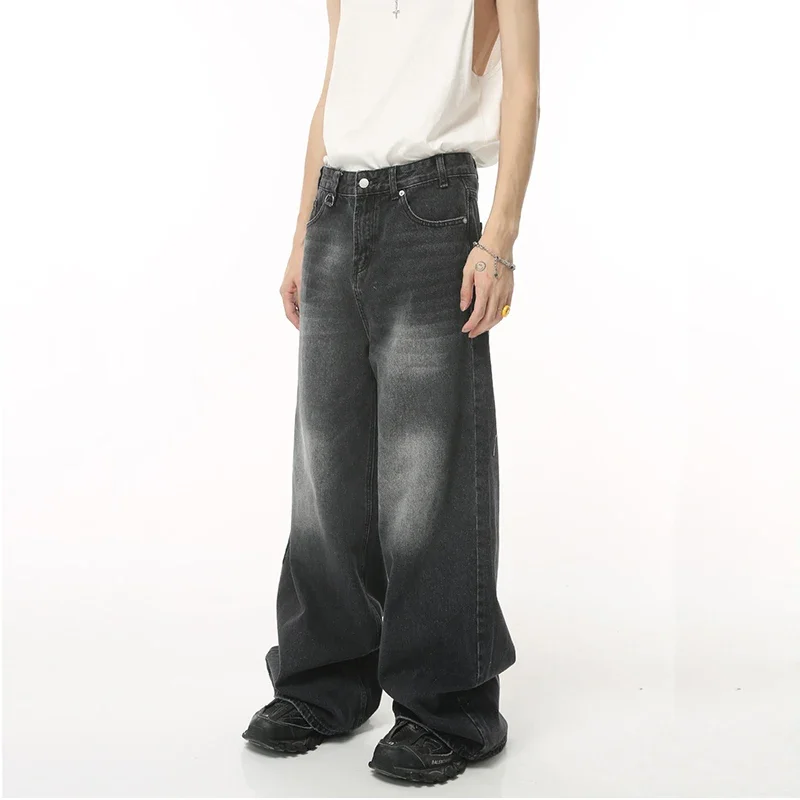 New Men's Loose Jeans Black and Gray Retro American Style Straight Wide-leg Floor-length Denim Long Pants Streetwear Male