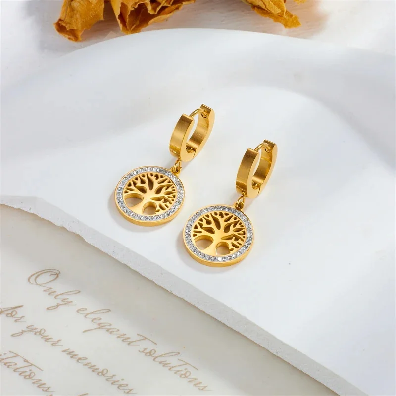 3PCS Set Heart Tree Pendant Necklace Bracelet Earring Set Gold Plating Big Heart Pendant Lucky Tree Crystal Jewelry Set 5