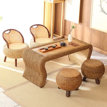 Tavolo Tatami in erba intrecciata a mano Scrivania per camera da letto minimalista giapponese Supporto per caffè Zen Mobili cinesi rustici fatti a mano