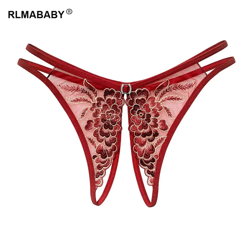Fashion Sexy Women Open Crotch Low Waist Undwear Thong Hot Sell See Through Embroidery Floral Diamond Lingerie G-String Briefs