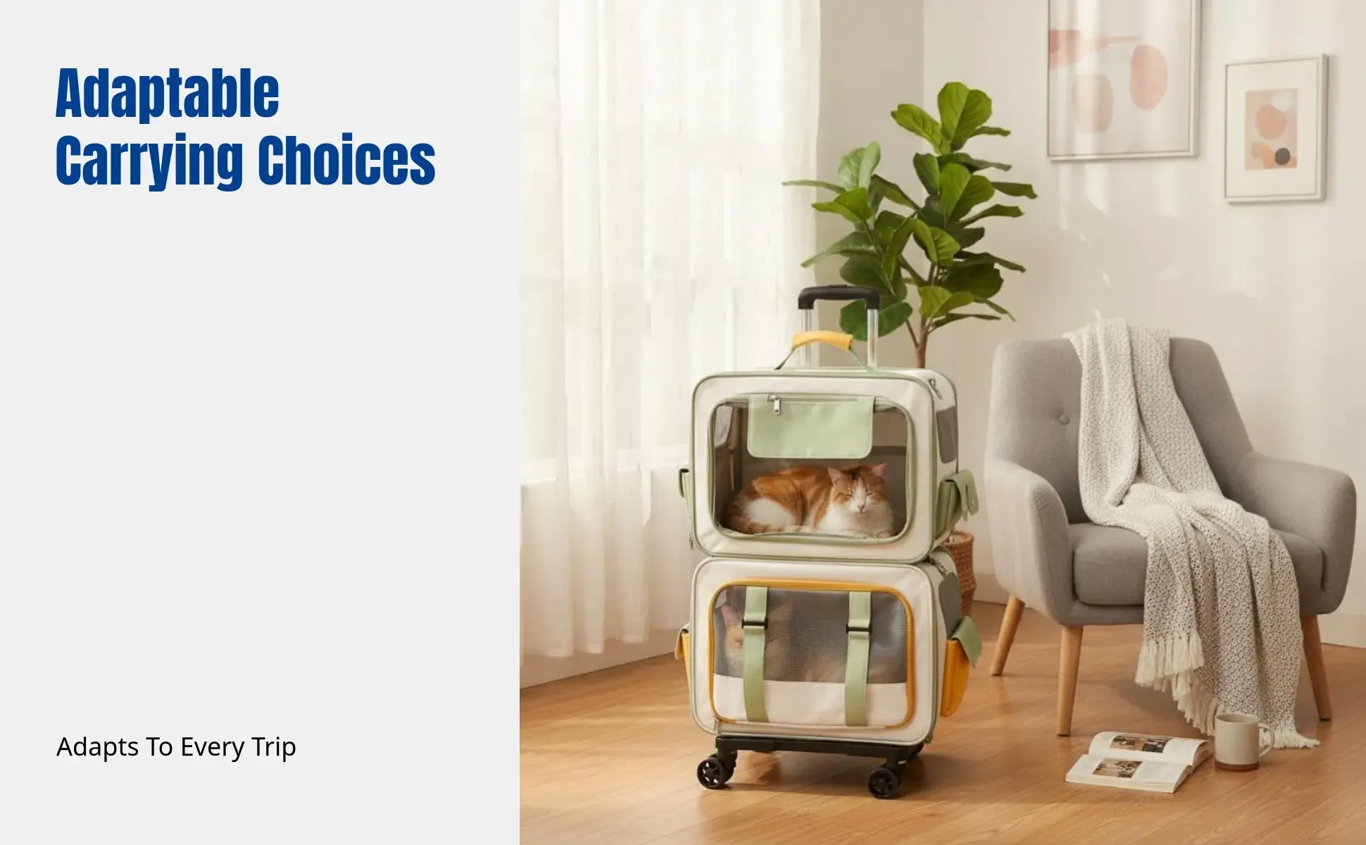 Cat Carrier Backpack, Dual-Compartment Pet Trolley, Spacious, Portable, Airline Travel Luggage for Multiple Cats and Dogs