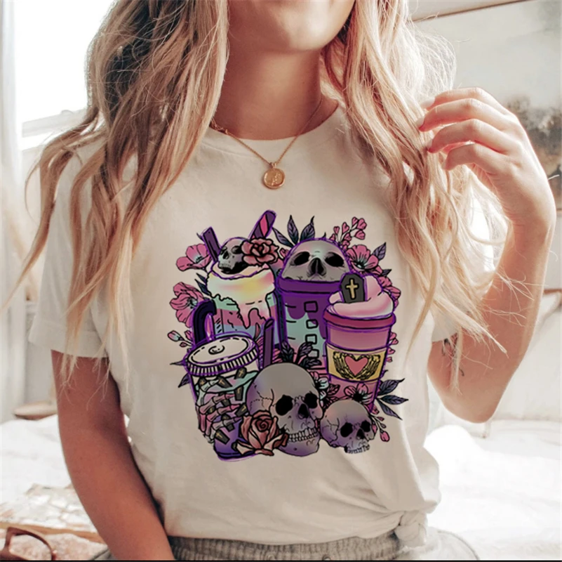 Lettera stampata bianca cartone animato Halloween autunno maglietta casual vestiti tendenza anni '90 donna donna T costume donna stampa grafica925_voghion.com