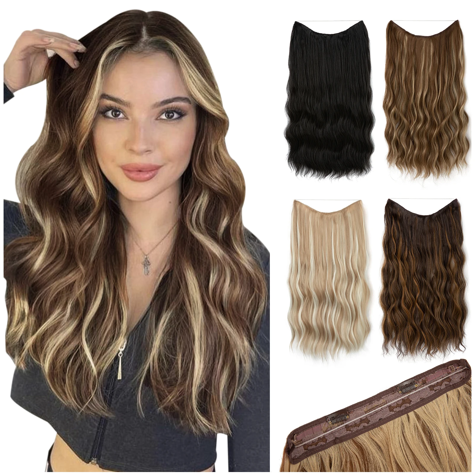186458-408f45.jpg Sc48406c1c91a4ca0bf81e2195d748689O Synthetic Wave Invisible Clip in Hair Extensions Fish Line Ombre Natural Black Blonde Pink One Piece Hairpiece Fake Hair Piece Mallzona