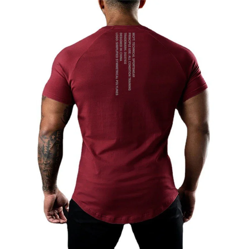 Back Neck Letter-printed Running T-shirt Summer GYM Half Sleeve Men\'s Fitness Workout Muscle Short Sleeve