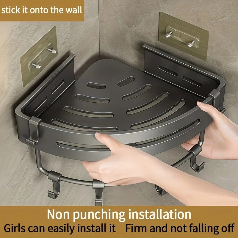 Bathroom corner shelf storage rack Space Aluminum Non Perforated Bathroom Wall Hanging Corner Storage Rack Triangular Basket