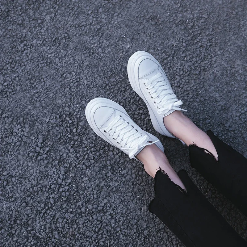 VANGULL Genuine Leather shoes autumn cow leather flat bottom loafers white shoes ladie sneakers Vulcanized