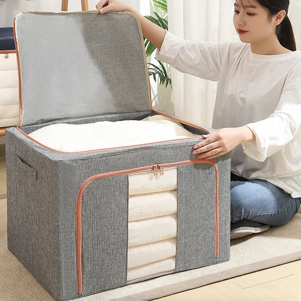 Stackable Storage Bag Linen Foldable Clothes Storage Box with Zipper Quilt Blanket Closet Clothing Organizer for Duvets Clothes 2