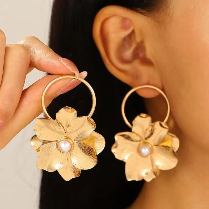 Bohemian Metal Poppy Flower Dangle Earrings - Matte Painted Dual Tier Drop Statement Jewelry