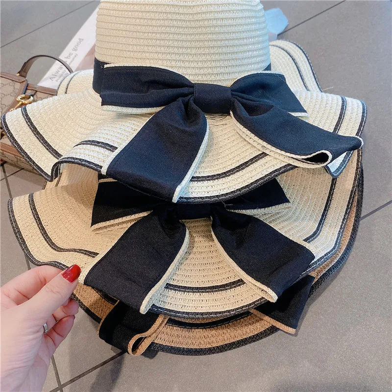 Breite Krempe Floppy Beach Bowknot Panama Lady Casual Sonnenhüte für Frauen Strohhut_voghion.com