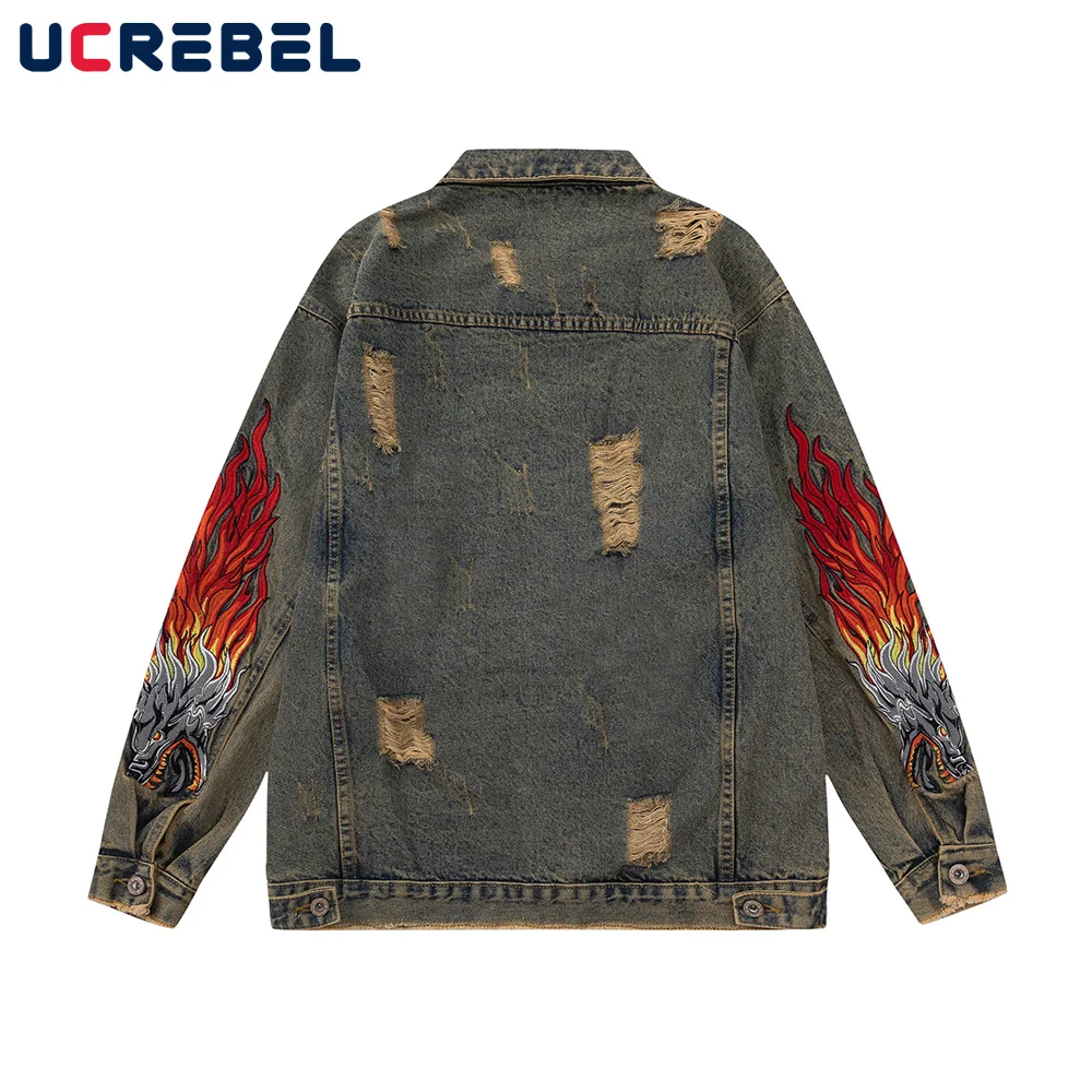 

Dragon Embroidery Denim Jacket Mens Streetwear Lapel Pocket Washed Distressed Single Breasted Denim Jacket