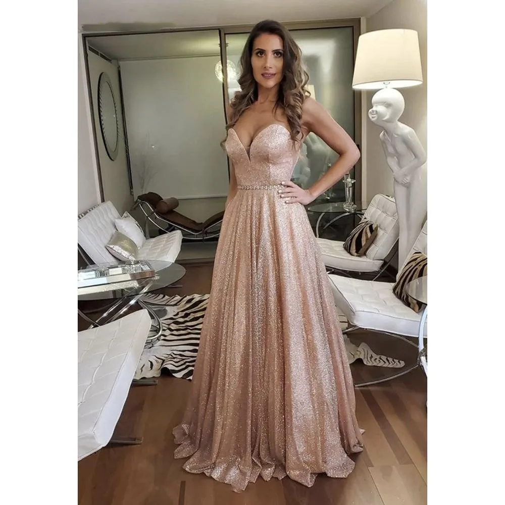 

Rose Gold Bling Prom Dresses 2023 Long Sparkle Sequined A Line Strapless Sweetheart With Beaded Belt Evening Gowns Customize
