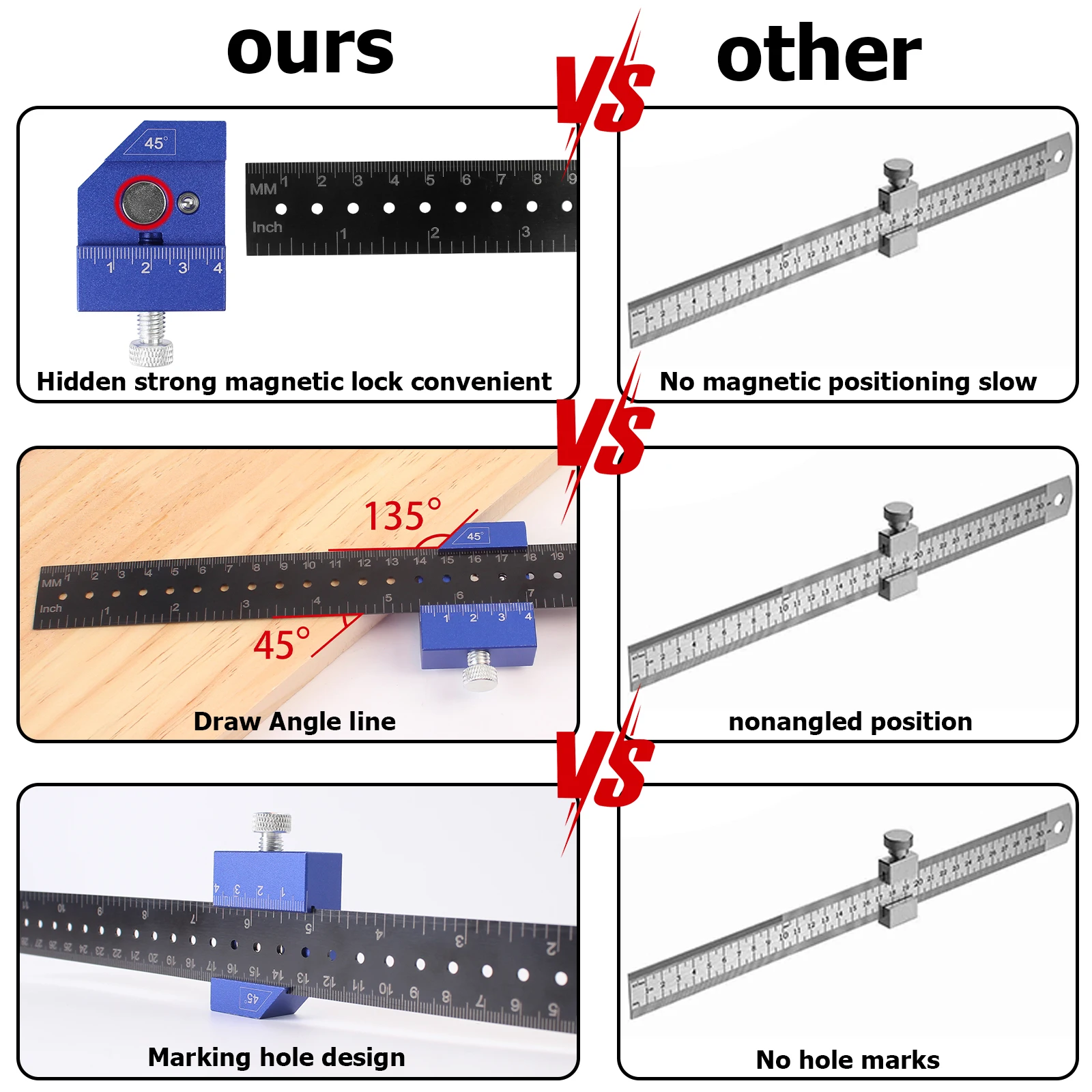 Woodworking Square Tool Woodworking Metal Pocket Ruler 45&deg;/90&deg; Slide Stop for Marking Inch/Metric Scribing Measuring
