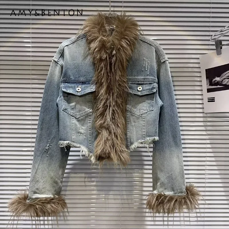 2023 Autumn Winter New Jaquetas Hot Girl Environmental Protection Faux Fur Collar Cuff Gradient Color Denim Short Coat Jackets