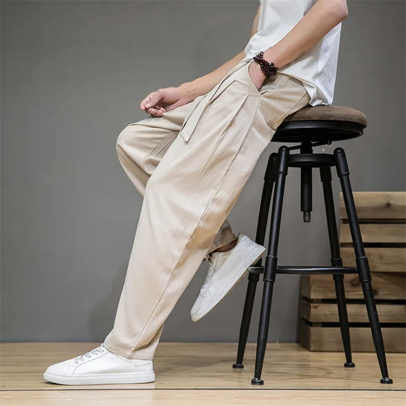 Men's Summer Cotton Linen Casual Pants Comfortable Soft Fashionable Trousers Elastic Waist Wide Leg Pants Japan Style Men Pants 3