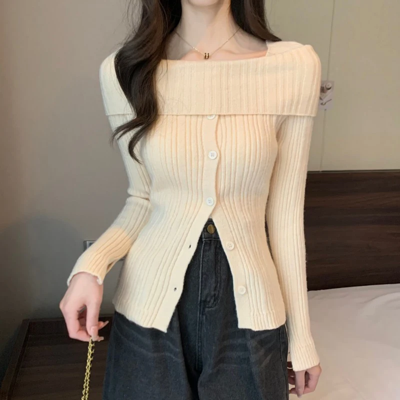 

Off Shoulder Sweater Women Autumn New Sweet Knitted Cardigan Elegant Sexy Long Sleeve Knitwear Tops Casual Chic Slim Sweaters