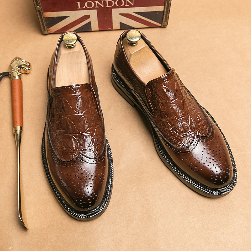 

Brown Men Dress Shoes Pu Leather Black Loafers Spring Autumn Handmade Round Toe Business Free Shipping Size 38-46