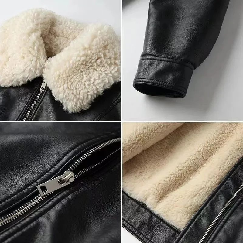 Women's Short 2023 Autumn/Winter Lamb Wool Collar Vintage Hong Kong Style Plush Leather Coat Motorcycle Thickened Jacket Women