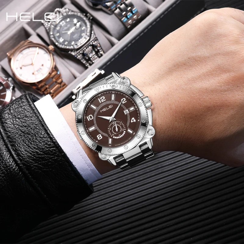 HELEI Luxury Men's Watch Stainless Steel Sport Luminous Fashion Quartz Men's Fashion Quartz Watch Waterproof Luminous