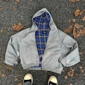 Blue Double-Sided Simple Style Wearable Gray Sweatshirt Plaid Inside Gothic Jacket Men And Women Streetwear 1