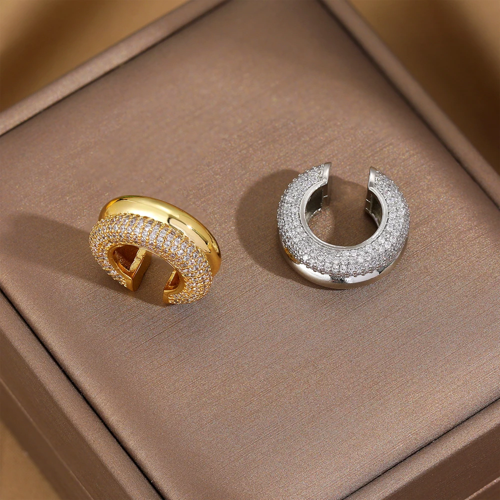 18K Gold Plated Polished Double-layer C Shape Earclips Clip Earrings for Women Girls No Piercing CZ Zircon Ear Wrap Clips Bijoux