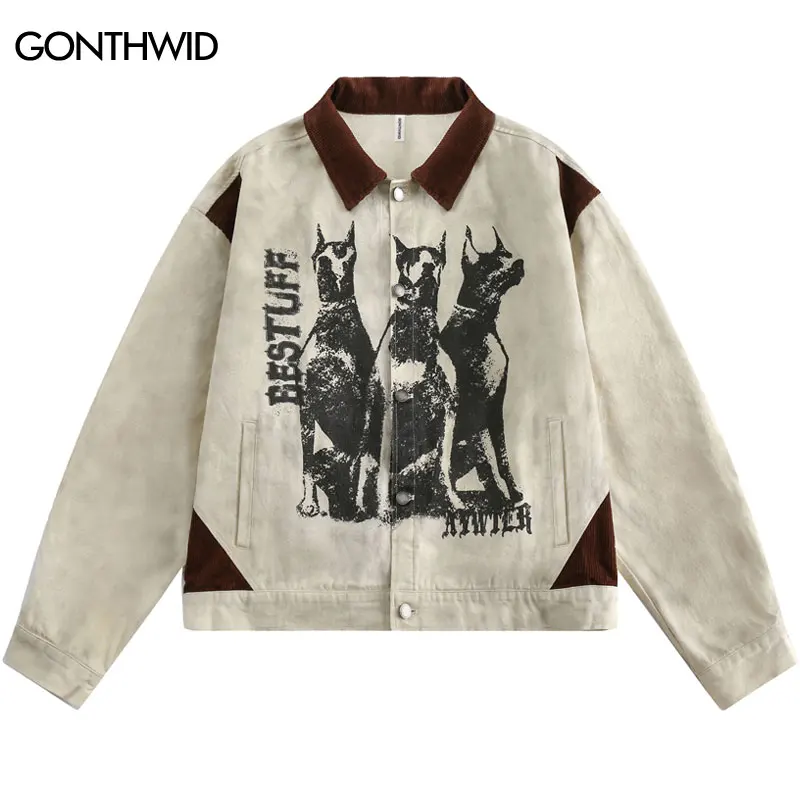 

Vintage Beige Denim Jacket Streetwear Doberman Dog Graphic Print Distressed Washed Jeans Coat 2024 Hip Hop Loose Cotton Jacekts