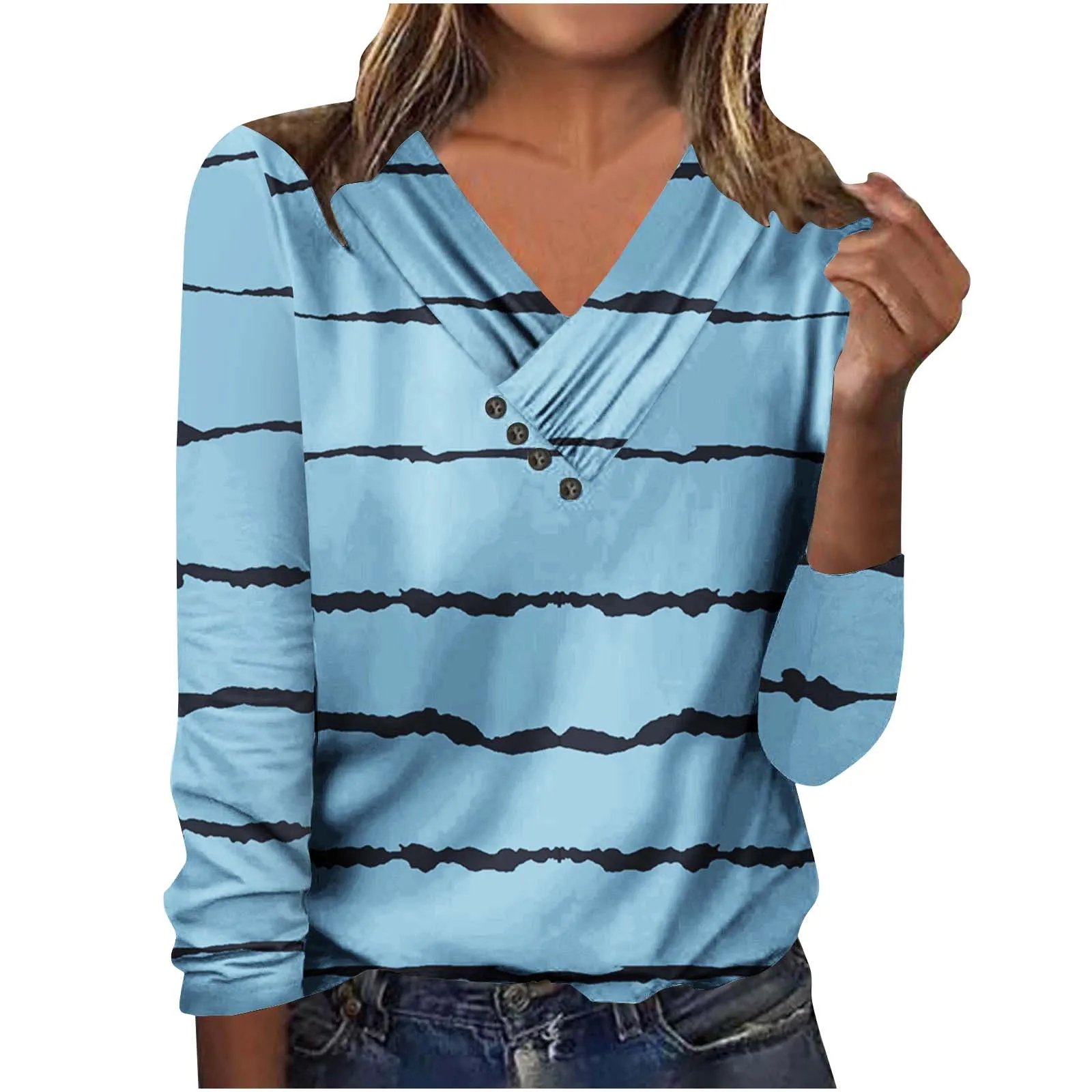 

Женский пуловер с V-образным принтом, футболка контрастных цветов в полоску с длинным рукавом и пуговицами-панелями, элегантные подкладки, топы для осени и зимы