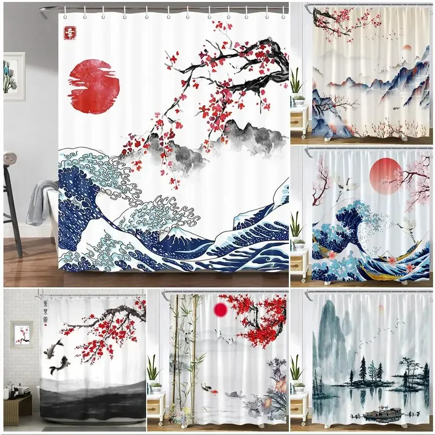 

Ink Landscape Shower Curtains Sun Red Plum Blossom Abstract Mountain Sea Waves Japanese Style Fabric Bathroom Decor With Hooks