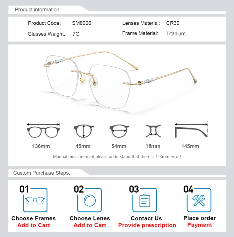 CLLOIO Fashion Rimless Myopia Glasses Computer Blue Light Blocking Reading Titanium Frame Women MR-8 Custom Prescription Glasses reading glasses,anti blue light glasses