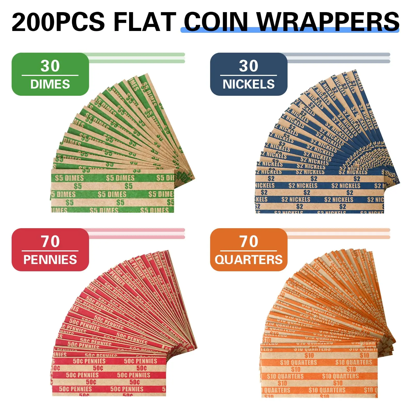 Assorted Packed Coin Wrappers Flat Stripped, Coin Rolls Wrapper for Quarters, Dimes, Nickels, Pennies