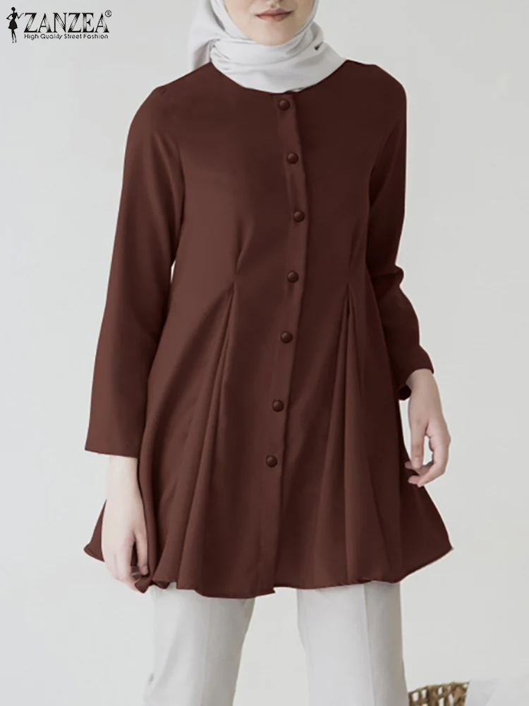 

ZANZEA Fashion Turkey Hijab Muslim Blouse Woman Long Sleeve O-Neck Shirt Elegant Tunic Tops Female Casual Holiday Chemise 2023
