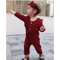 Infant Baby Girls Romper Newborn Baby Girl Clothes Solid Color Ribbed Jumpsuit with Headband 2PCS Outfits 2