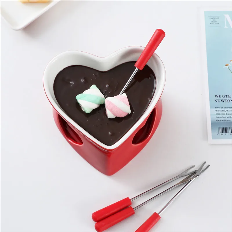 Red Heart shape fine porcelain chocolate fondue set, red romantic cheese melting fondue