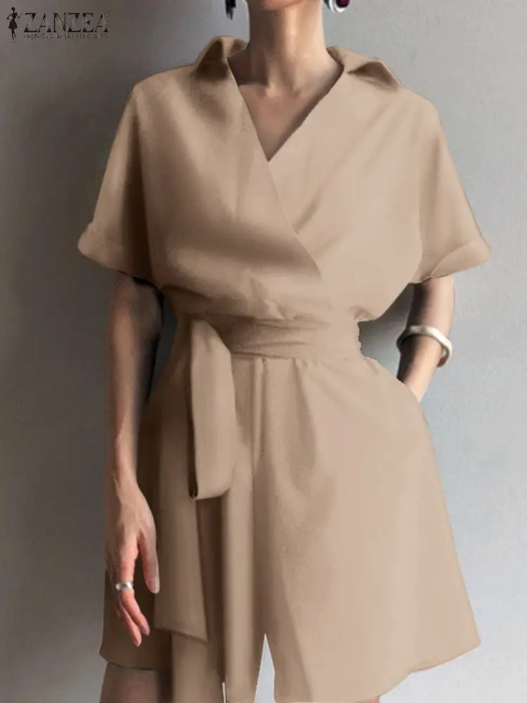 

Комбинезон ZANZEA женский офисный с V-образным вырезом, Элегантный Модный повседневный ромпер с коротким рукавом, на шнуровке, лето