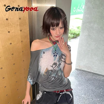 Genayooa 2000s Aesthetic T Shirt Women Irregular Grunge Tops Off Shoulder Y2k Vintage Tops Streetwear Tie Dye Tshirts E-girls 1