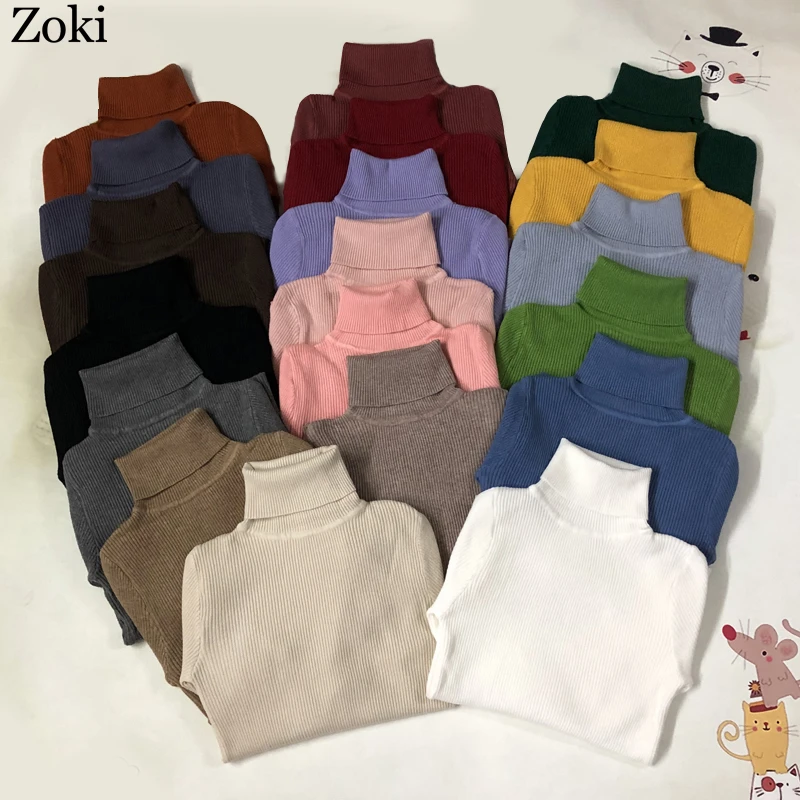 green sweater Zoki Soft Women Turtleneck Sweater Autumn Long Sleeve Elastic Female Knitted Jumper Casual Pullover Slim Winter Basic Tops 2022 pullover sweater