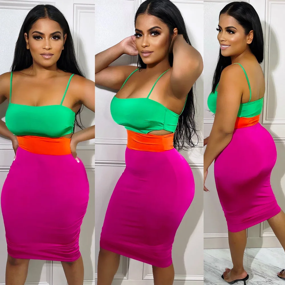 

Summer New Women's Clothing Recommended Sling Square Collar Fashion Temperament Tight Waist Stitching Dress.