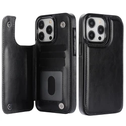 Elegant Solid Color Leather Wallet Case with Double Buckle and Card Slot - iPhone 16 (Black)