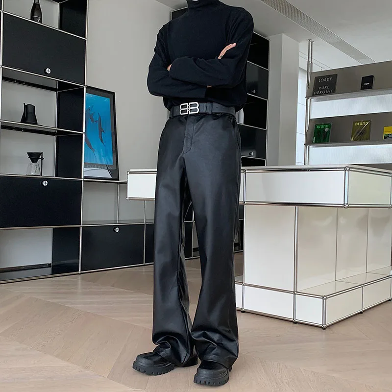 Men's Korean Streetwear Fashion Vintage Loose Causal Leather Micro Flared Pants Man American Style High Street Trousers