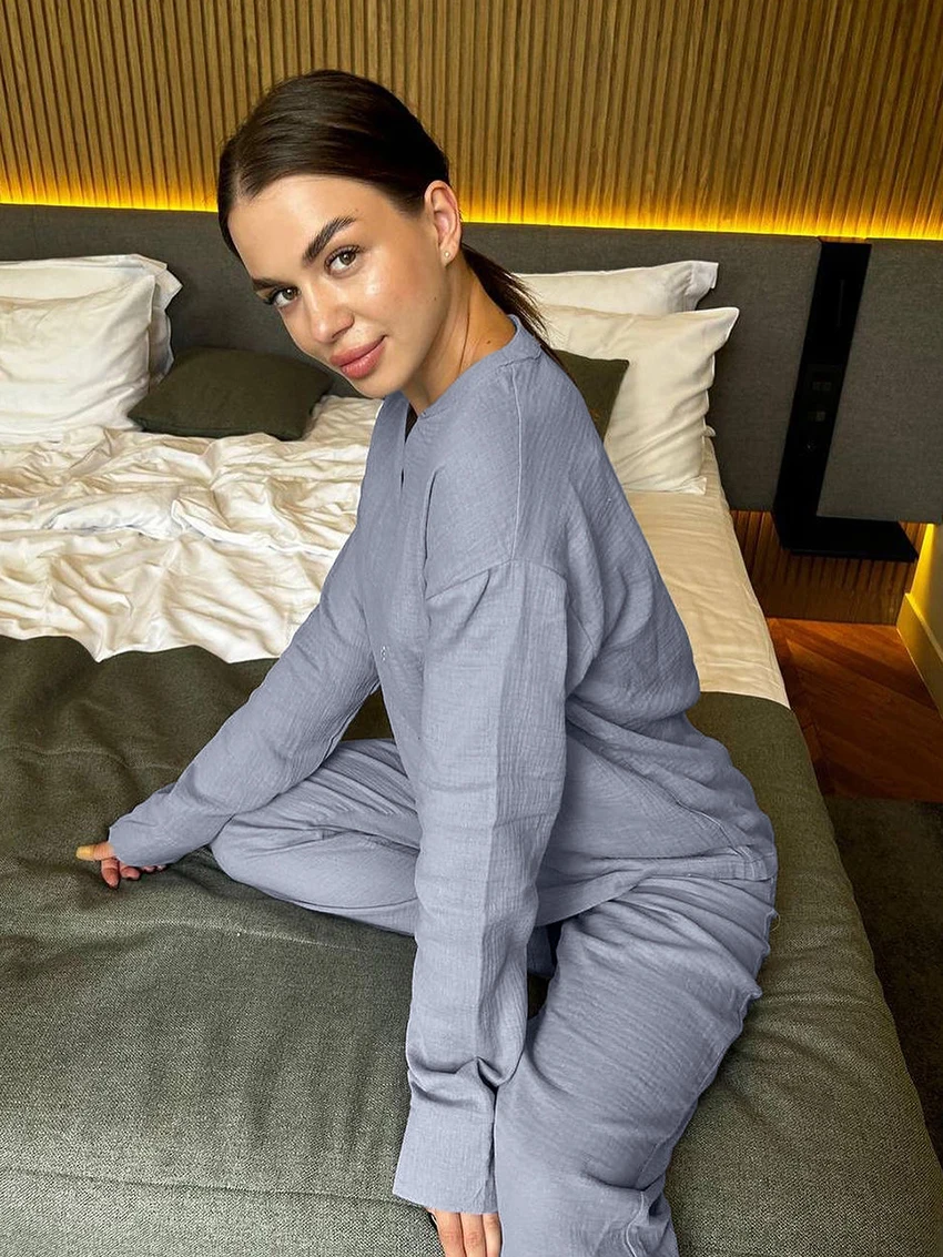 Marthaqiqi Cotton Ladies Sleepwear Suit Long Sleeve Nightgowns O-Neck Pajamas Wide Leg Pants Casual Female Nightwear 2 Piece Set