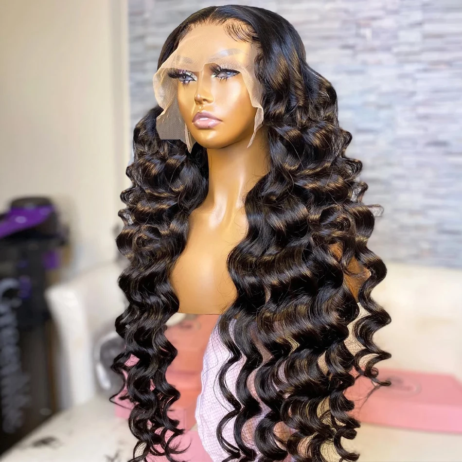 

Glueless Soft Curly 26Inch Long Natural Black 180% Density Lace Front Wig For African Women Deep Wave PrePlucked Baby Hair Daily