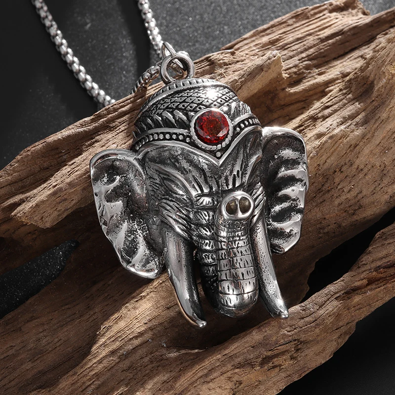 Ethnic Style Mammoth Tribal Elephant Red Stone Pendant Male Personality Punk Trend Sweater Accessories