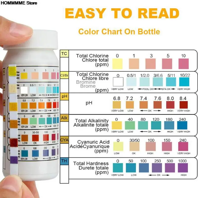 6 In 1 Multipurpose Chlorine PH Test Strips SPA Swimming Pool Water Tester Paper 50 Pcs/Bottle
