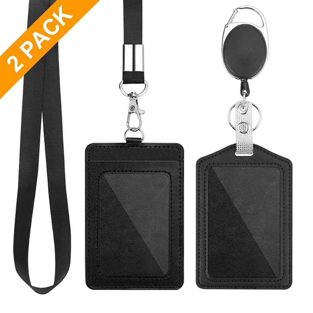 

Retractable Lanyards Id Badge Holder Leather Bus Pass Case Cover Bank Credit Card Holder Strap Cardholder Office Supplies