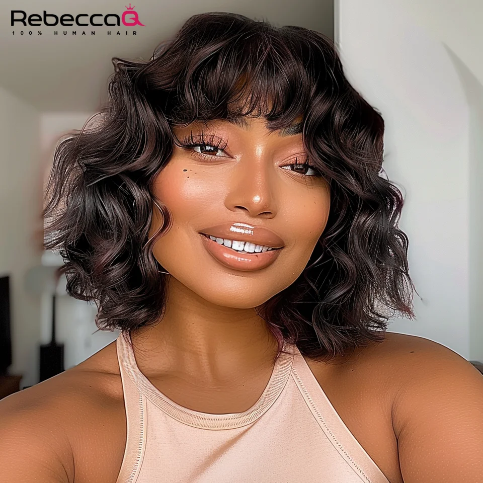 Short Bob Wig with Bangs for Daily Black Ready To Wear Wigs Glueless Short Body Wigs Short Loose Wave Human Hair Wigs For Women