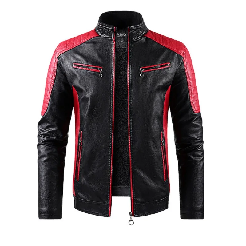 Autumn and Winter Leisure Motorcycle Stitching Pu Leather Jacket Men's Fashion Stand-up Collar Retro Warm PU Leather Jacket