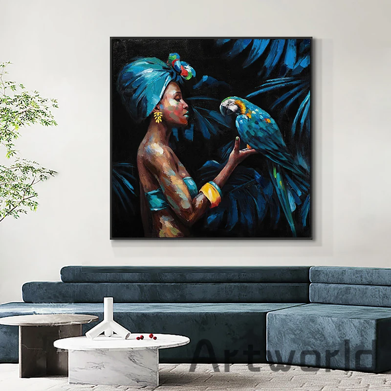 African Art Woman with Parrot Ethnic Style Canvas Painting Wall Art Picture Figure Painting for Living Room Home Decor